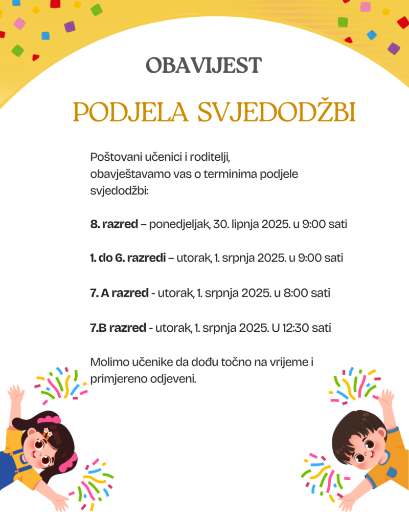 OBAVIJEST – PODJELA SVJEDODŽBI